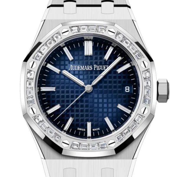 Audemars Piguet Royal Oak 34 Blue Diamond Baguette Dial White Gold Diamond Set Bezel Watch 77451BC.ZZ.1261BC.01